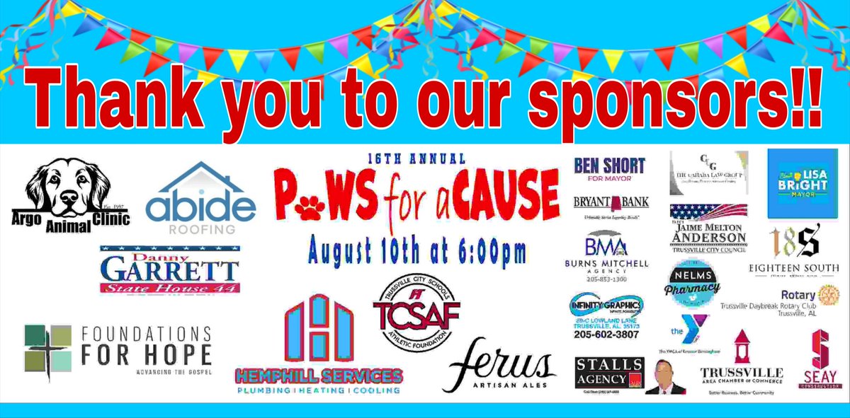 A BIG SHOUT OUT to our FANTASTIC sponsors!!!! THANK YOU for helping make the 16th annual Paws for a Cause event possible!!! 
🎉🎉🎉🎉   THANK YOU !!!!!  🎉🎉🎉
See everyone tomorrow at 6pm at the Trussville Entertainment District!!!!! get your tickets at 
htsaf.wufoo.com/forms/p1tfrm7y…