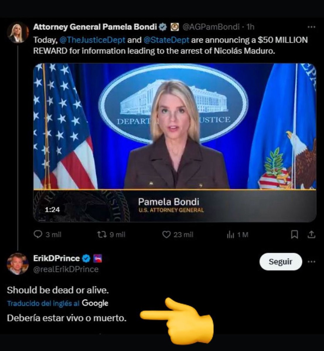 Como buen mercenario Erik Prince respondió a la Fiscal General de EEUU cuando anunció el ridículo aumento de la recompensa por la detención del presidente Nicolás Maduro: “lo quieren vivo o muerto”. 

Estas declaraciones han sido rechazadas y catalogadas como ridículos pero sobre