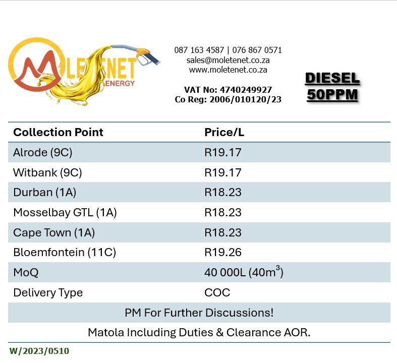 MoleteNET's tweet image. August 2025 | Diesel 50 ppm Pricing
