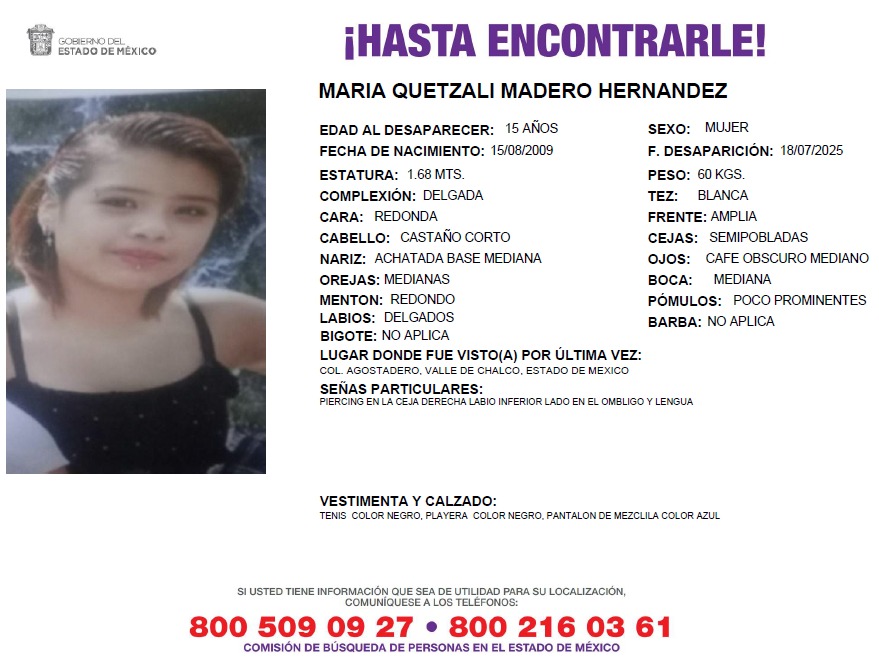 Solicitamos de tu apoyo en difusión para dar pronta localización a MARIA QUETZALI MADERO HERNANDEZ, comunícate a los teléfonos de COBUPEM 800 216 0361, 800 509 0927. #TodosEnLaBúsqueda