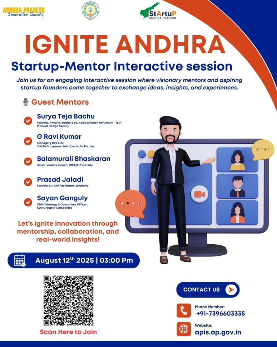 Startup_APIS's tweet image. 🚀 Andhra’s Startup Community, big news! 🌟

The 1st #Startup Mentor Interaction under #IgniteAndhra 🎯

📅 12 Aug 2025 | 
🕒 3 PM IST
 | 💻 Virtual

5🏆 mentors to guide, inspire &amp;amp; spark innovation 💡
Don’t miss it! 🌱
#Innovation #Entrepreneurship #Mentorship #APIS