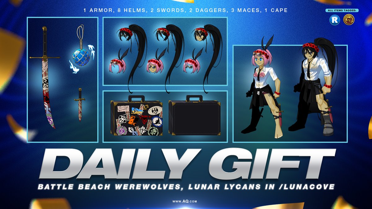 Don't miss Saturday's Daily Login Gifts! Battle the Beach Werewolves and Lunar Lycans in /lunacove through August 31st to collect all the rare, 0 AC Darkovian Beach Attendant items! AQ.com