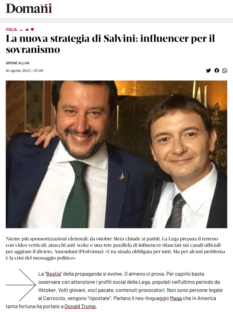 La nuova strategia di #Salvini: influencer per il sovranismo

La racconto in edicola e online su <a href="/DomaniGiornale/">Domani</a> 

Grazie <a href="/doonie/">Dino Amenduni</a> per il tempo e le parole

editorialedomani.it/politica/itali…