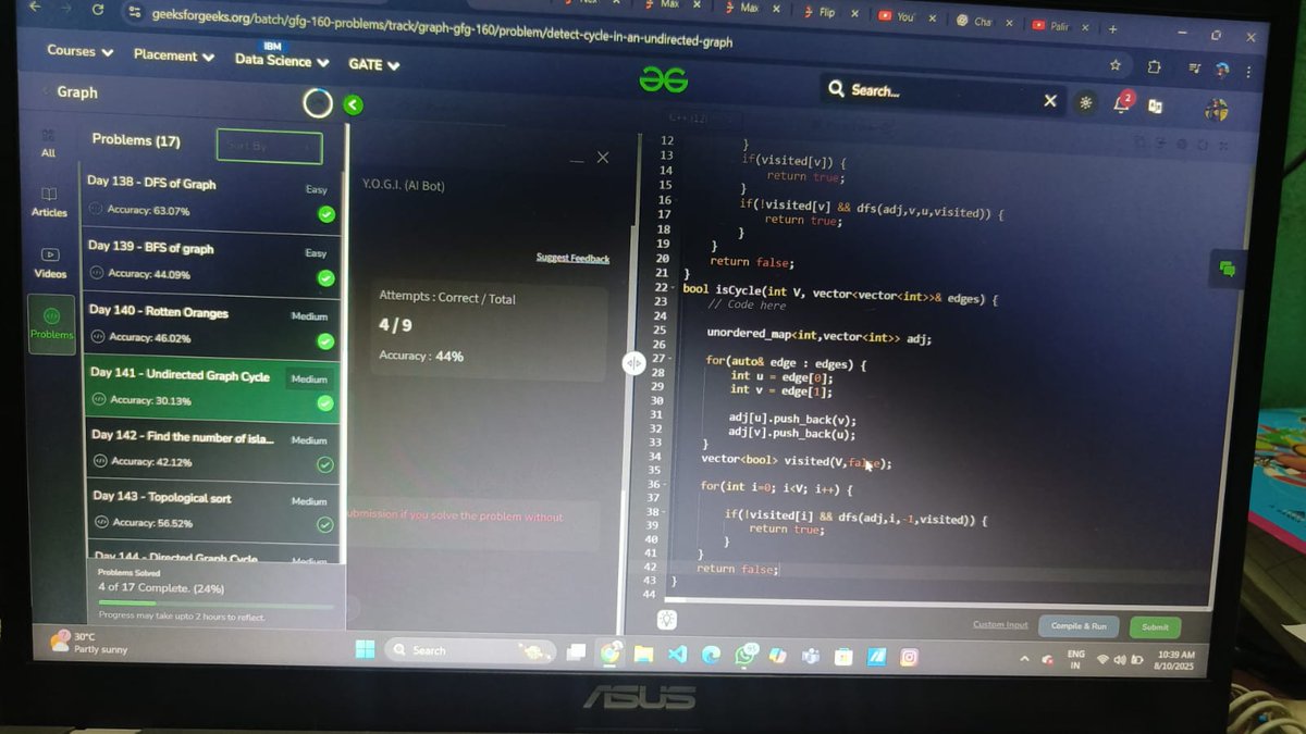 Jatin_lifo82's tweet photo. Day 141/160 👨💻 @geeksforgeeks
#160days
Question🙋. Undirected Graph Cycle 🎯.
Medium✨✅.
#gfg160 #geeksstreak2025 #GFG2025
#geeksforgeeks #DSA #Cpp #codingjourney #160DaysOfCode https://t.co/84bKpmErzX