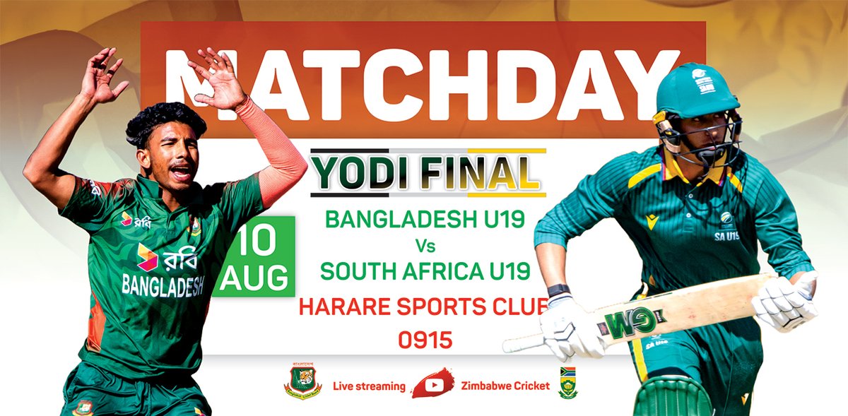 𝗜𝘁'𝘀 𝘁𝗶𝗺𝗲 𝗳𝗼𝗿 𝘁𝗵𝗲 𝗳𝗶𝗻𝗮𝗹! 🤜🤛

Bangladesh Under-19s and South Africa Under-19s go head-to-head in the youth ODI triangular series final this morning at Harare Sports Club.

First ball at 9:15 (CAT)

Catch all the action LIVE on the Zimbabwe Cricket YouTube