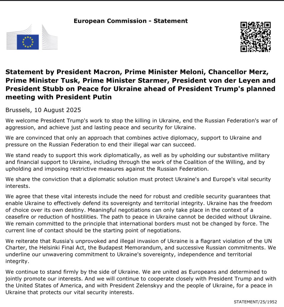 Заява президента 🇫🇷 Макрона, прем’єр-міністра 🇮🇹 Мелоні, канцлера 🇩🇪 Мерца, прем’єр-міністра 🇵🇱 Туска, прем’єр-міністра 🇬🇧 Стармера, президентки 🇪🇺 фон дер Ляєн та президента 🇫🇮 Стабба про мир для України напередодні запланованої зустрічі президента 🇺🇸 Трампа з президентом 🇷🇺