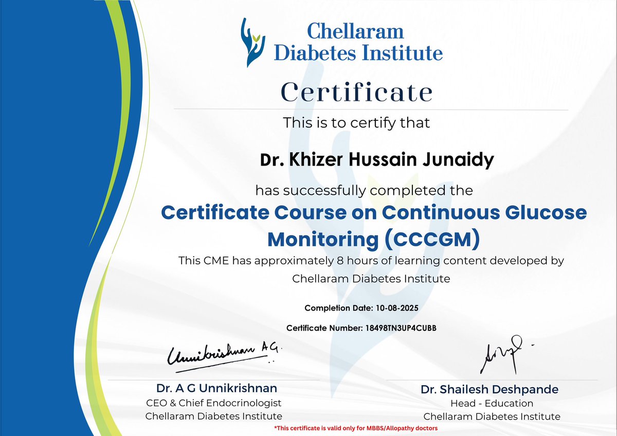 Alhamdulillah!
Successfully completed a certification in Continuous Glucose Monitoring (CGM) 📊🩺
Another step towards empowering my patients with cutting-edge diabetes care 💙