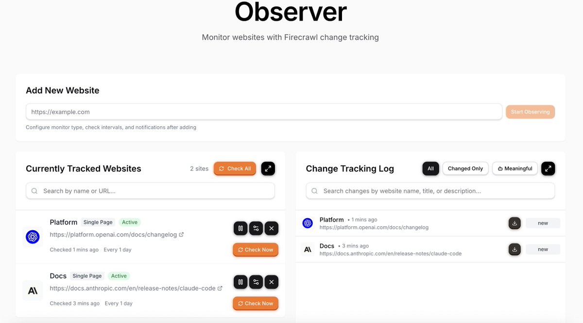 Tracking change logs using <a href="/firecrawl_dev/">Firecrawl</a>, hosted on <a href="/vercel/">Vercel</a>. All implemented using <a href="/AnthropicAI/">Anthropic</a> Claude Code.
This is huge! Well done <a href="/firecrawl_dev/">Firecrawl</a> team!