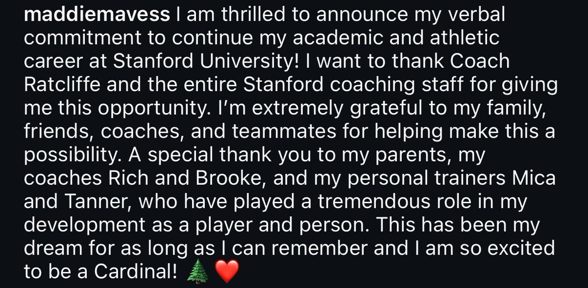 maddiemaves's tweet photo. I am so excited to announce my verbal commitment to Stanford University! https://t.co/QEB3vm9DYP