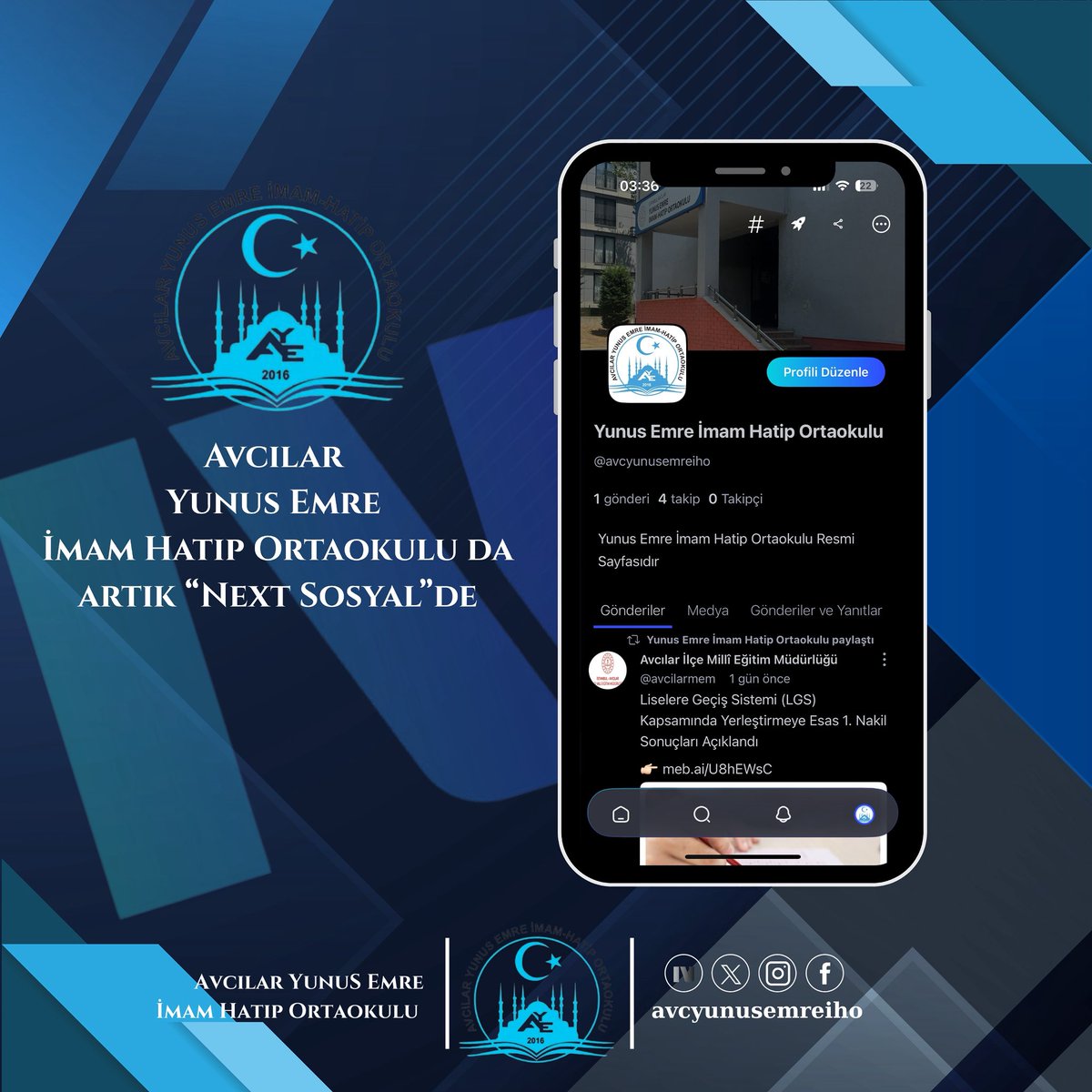 ‼️📣 Okulumuz Yunus Emre İmam Hatip Ortaokulu da artık Next Sosyal'de. 
👉🏽 Bizi takipte kalın