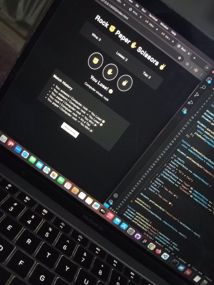 CodewitPeter's tweet image. I can now officially get roasted by my own code. 🥲
Built Rock ✊ Paper ✋ Scissors ✌ and… It&apos;s a TIE.
#JavaScript #DevLife #LearnInPublic