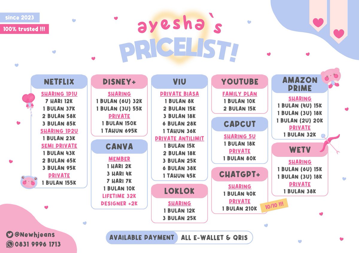 HI AYO JAJAN APLIKASI PREMIUM NETFLIX DISNEY+ VIU YOUTUBE AMAZON PRIME CANVA CAPCUT LOKLOK CHATGPT WETV nya di aku ya! dijamin trusted dan strong acc 🩷

#zonauang #zonaba