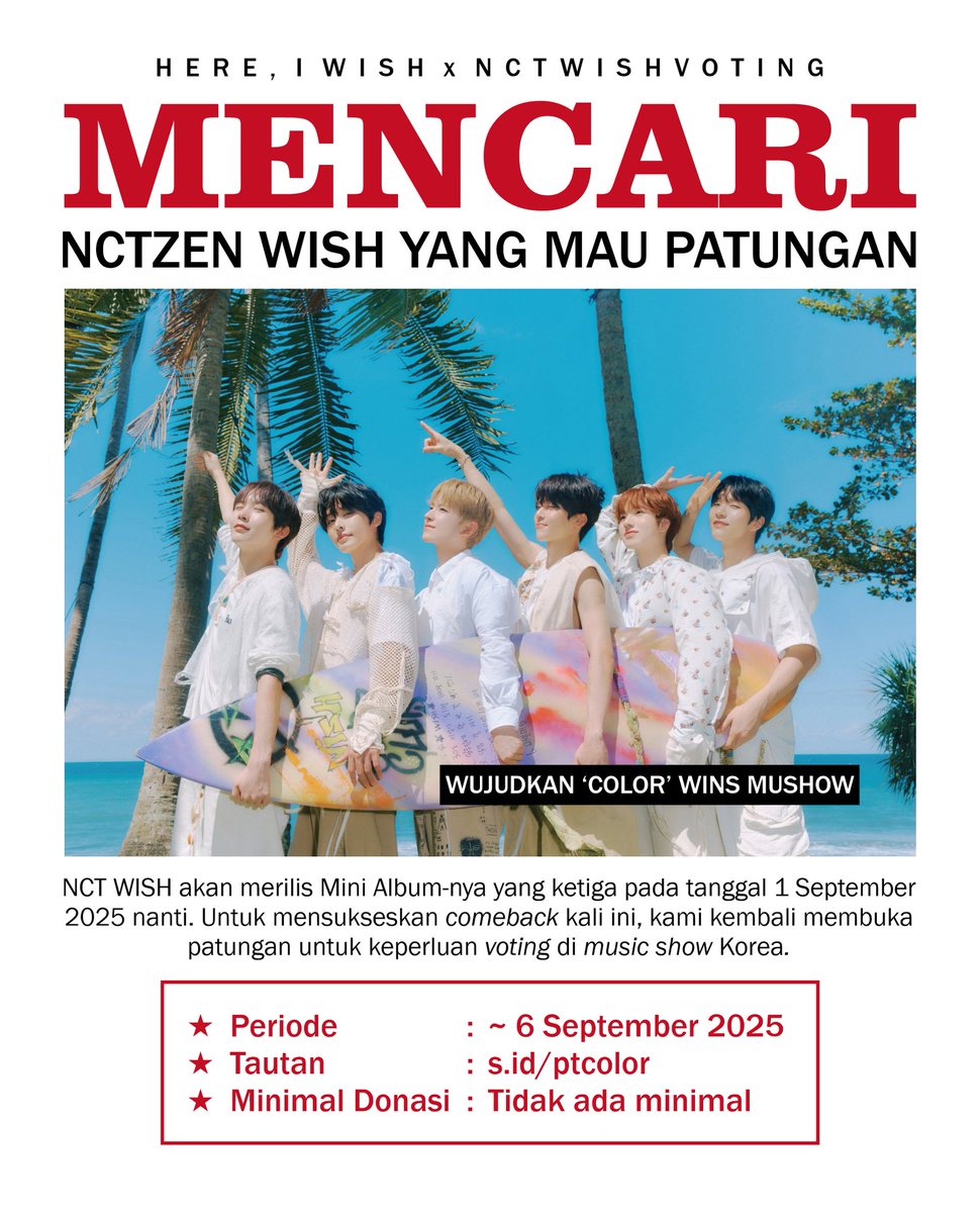 hereiwish's tweet photo. ⚠️ 𝙆𝘼𝙈𝙄 𝙈𝙀𝙉𝘾𝘼𝙍𝙄 ⚠️
NCTzen WISH yang mau patungan untuk keperluan voting era 'COLOR' di K-Music Show!👀 Klik link di bawah untuk informasi lengkap! ⤵️

🔗 https://t.co/rLmVGh1cgd

Yuk kita wujudkan 'COLOR' menang mushow!😉🏆

#NCTWISH https://t.co/Dc9cCyx5MG