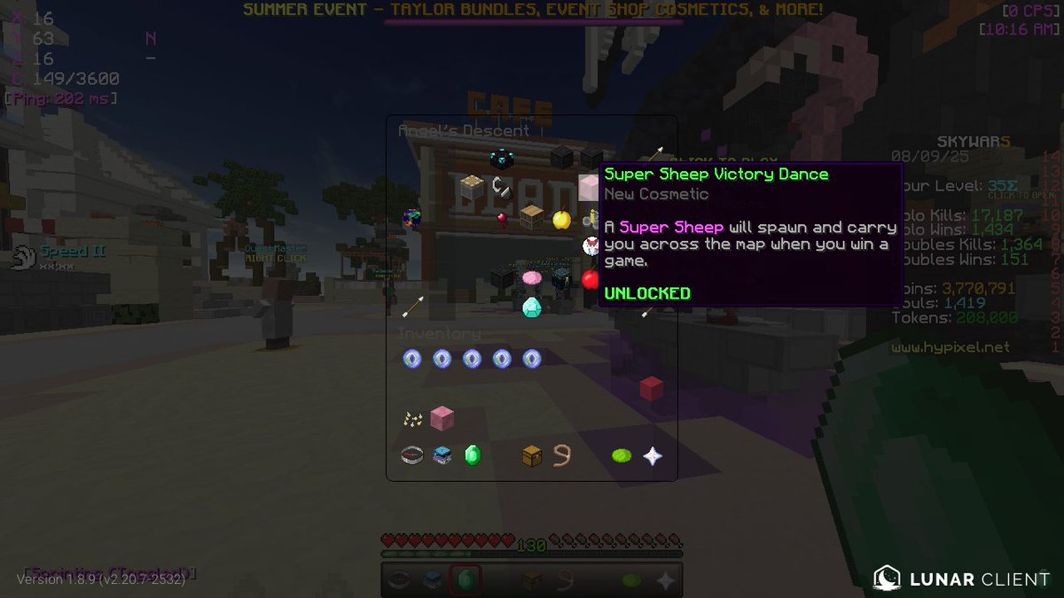 Getting 35 star in skywars 
Unlocked Super Sheep Victory Dance