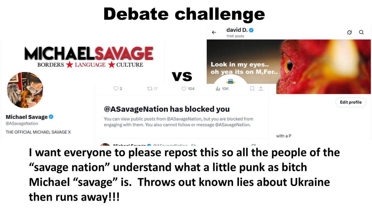 david D. (@secretsqrl123) on Twitter photo i want 200,000 reposts to, so please repost and put on his site!!!!
<a href="/ASavageNation/">Michael Savage</a>
what a little lying coward savage is...
lies, gets called out, runs away .. yes coward!!!!
PLEASE REPOST AND COVER HIS SITE WITH THIS!!!!! i want 200,000 reposts to, so please repost and put on his site!!!!
<a href="/ASavageNation/">Michael Savage</a>
what a little lying coward savage is...
lies, gets called out, runs away .. yes coward!!!!
PLEASE REPOST AND COVER HIS SITE WITH THIS!!!!!