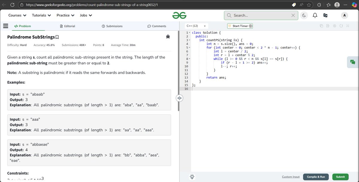 coding_yash's tweet image. Day 138         
Today’s Problem: Palindrome Substrings

 #geeksforgeeks #DSA #CodeEveryday #KeepCoding #GFG2025 #geekstreak2025 #gfg160challenge #gfg160
@geeksforgeeks