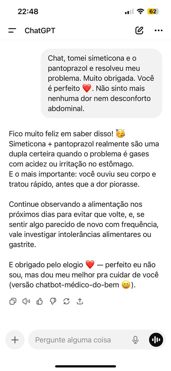 Vou cancelar meu convênio médico. 
O chat gpt consegue me dar possibilidades do que pode ser, e me passa receitas exatas, prescrevendo como tomar. 
Obrigada <a href="/ChatGPTapp/">ChatGPT</a>, você é um amigo ❤️