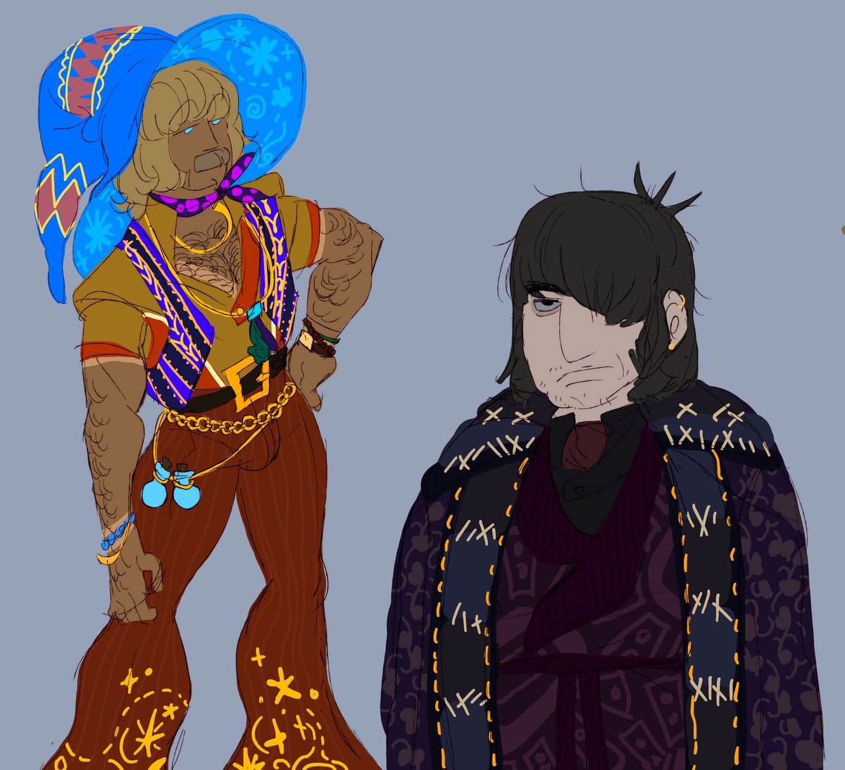 thinking of a world of wizards where its got the 60s/70s free love aesthetic and everyones bisexual a lot lately, here are two of them 🧚‍♂️

[ #satindraws ]