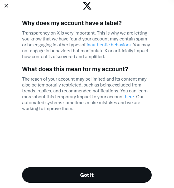 AdoredByAmore's tweet photo. I finally got past the "Unlock more on X" message aroundthree days ago and now this?? I was just liking and commenting like they wanted me to, I was planning to return to regular posting on #Twitter (I mean #X) but now I don't know what to do... What did I do that was inauthentic https://t.co/zcfekovLa8