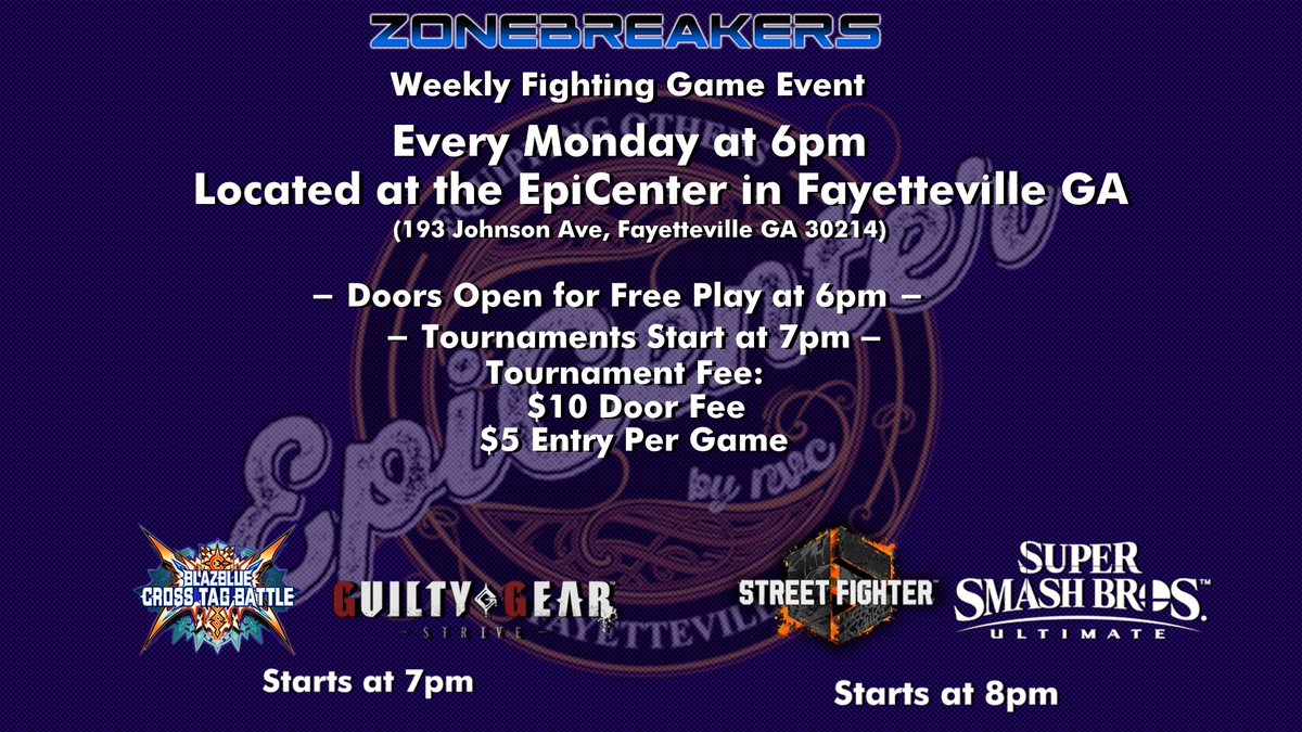 We are back again on Monday with another ZB Weekly!

Signups are available now! start.gg/ZBWeekly 

- Da BBTAG Returns to the lineup!
- Doors open at 6pm 
- BBTAG and GGStrive start at 7pm 
- SF6 and Smash start at 8pm 

streamed live on Twitch.tv/ZoneBreakersTV