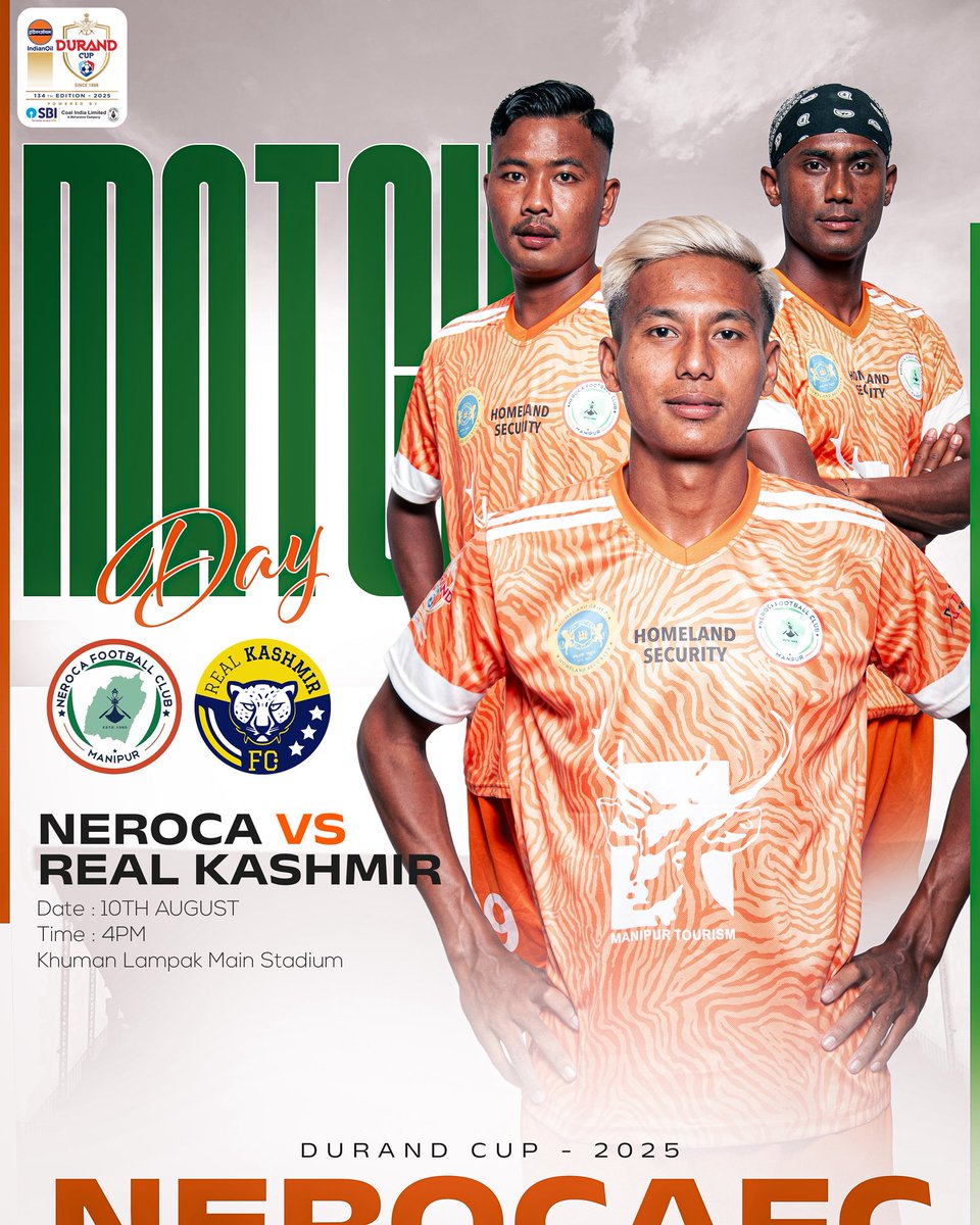 It’s match day! Neroca FC 🆚 Real Kashmir – 4 PM at Khuman Lampak! 🏟️ 

#nerocafc #134theditionofindianoildurandcup #indianfootball #orangebrigade