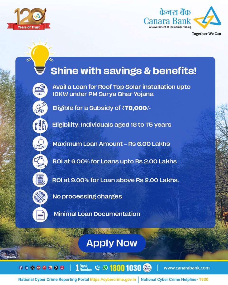 canarabank's tweet image. Turn your rooftop into a powerhouse of savings! With PM Surya Ghar Yojana, harness solar energy, cut down your electricity bills and enjoy brighter days ahead.

#CanaraBank #PMSuryaGhar
