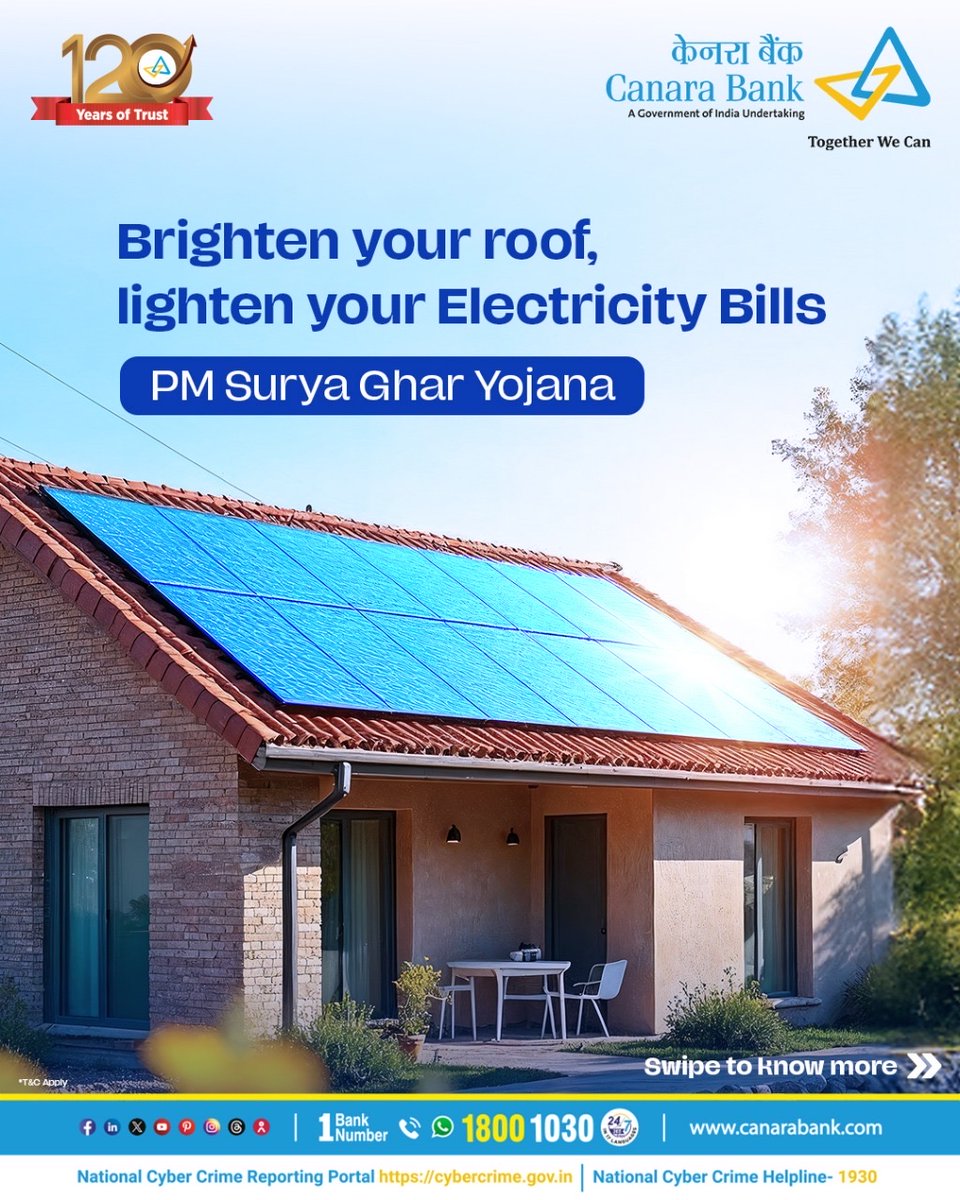 canarabank's tweet image. Turn your rooftop into a powerhouse of savings! With PM Surya Ghar Yojana, harness solar energy, cut down your electricity bills and enjoy brighter days ahead.

#CanaraBank #PMSuryaGhar