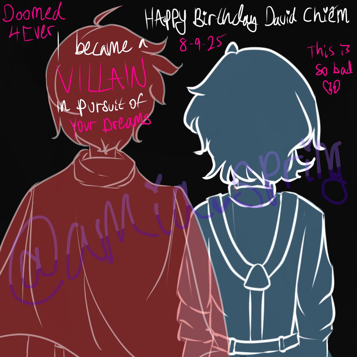 AmiaSpring's tweet image. (Not so) Happy Birthday #DavidChiem ! Here’s a doodle since I felt bad (I’m sorry I drew your boyfriend wayyy more detailed when it was his) #drdt
