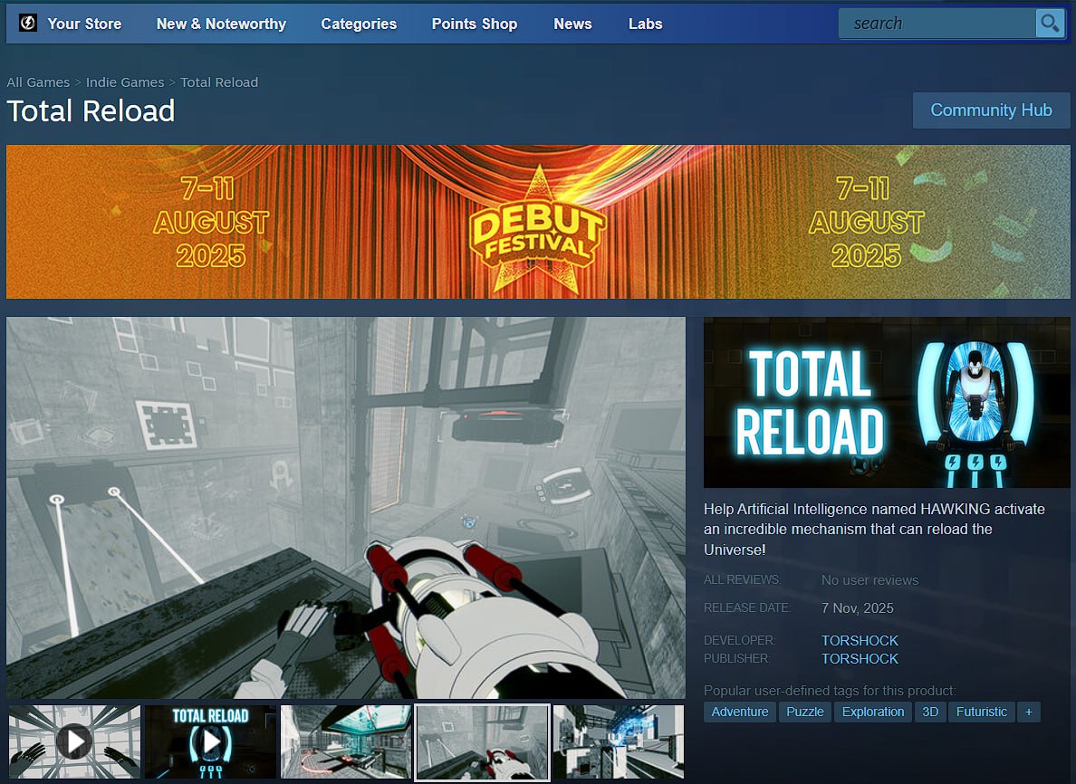 How beautiful the Debut Festival banner looks on the page of our #puzzle #game TOTAL RELOAD 🎮🌠 I saved #ScreenshotSaturday for myself as a memory of this event 😀 At this festival you will find more than a thousand debut #games 👍

#gamedev #indiedev #indiegame #Steam #gaming