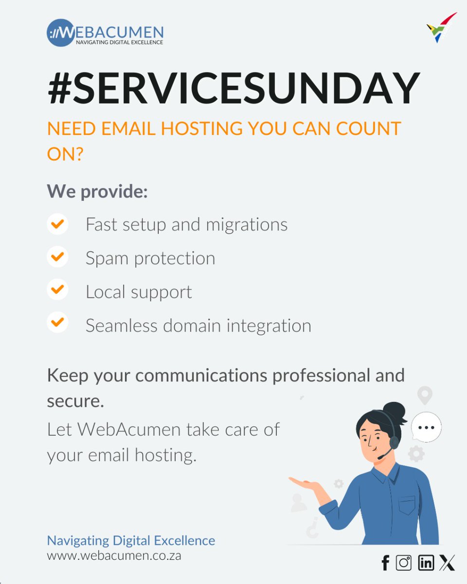 WebAcumenZA's tweet photo. #ServiceSunday: Need Email Hosting You Can Actually Count On?

WhatsApp: +27 78 876 3095 
Email: info@webacumen.co.za
Learn More: https://t.co/rVbYNeC0Ew

#ServiceSunday #WebAcumen #EmailHosting #BusinessEmail #SupportLocalZA #DigitalExcellence #SouthAfrica https://t.co/08mvWAT64Z