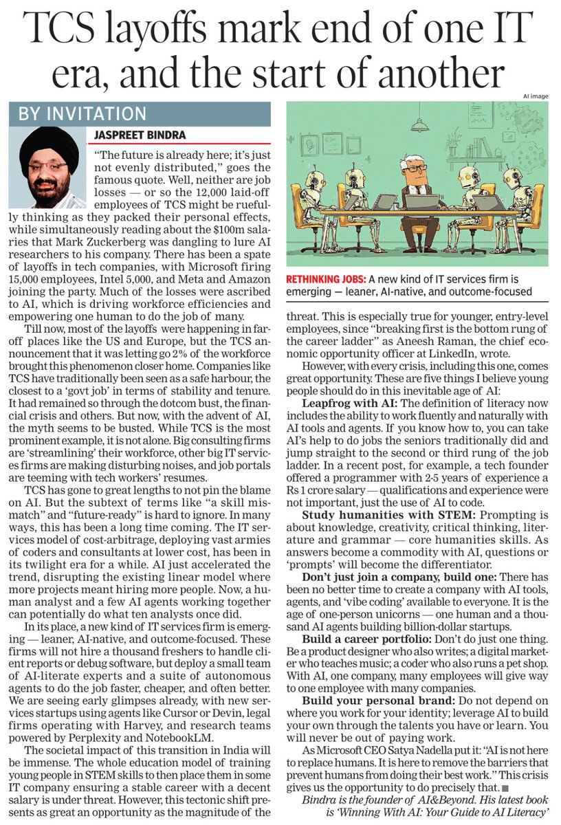 Jaspreet Bindra The Tech Whisperer (@j_bindra) on Twitter photo The looming spectre of AI leading to massive job losses came home last month, with <a href="/TCS/">Tata Consultancy Services</a> announcing 12000 layoffs, about 2% of its job force. While AI was not directly blamed for them, it was definitely present in the subtext.
What does this mean for the IT industry, and more The looming spectre of AI leading to massive job losses came home last month, with <a href="/TCS/">Tata Consultancy Services</a> announcing 12000 layoffs, about 2% of its job force. While AI was not directly blamed for them, it was definitely present in the subtext.
What does this mean for the IT industry, and more