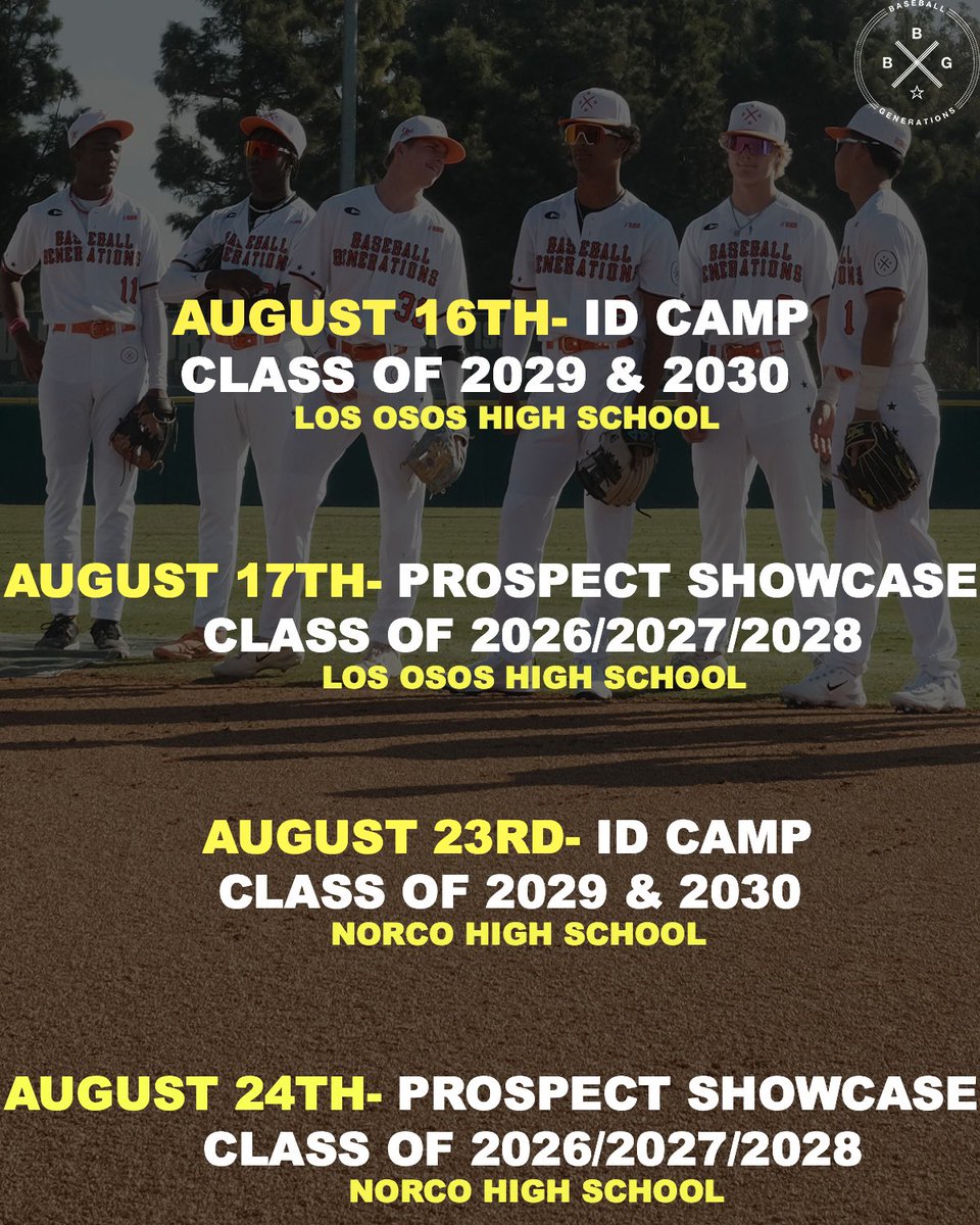 BBG (@bbgenerations_) on Twitter photo DM or email generationalbaseball@gmail.com to Request Invite 🔥
August 16th- ID Camp (Class of 2029 & 2030)
August 17th- Prospect Showcase (Class of 2026/2027/2028)
August 23rd- ID Camp (Class of 2029 & 2030)
August 24th- Prospect Showcase Class of 2026/2027/2028) DM or email generationalbaseball@gmail.com to Request Invite 🔥
August 16th- ID Camp (Class of 2029 & 2030)
August 17th- Prospect Showcase (Class of 2026/2027/2028)
August 23rd- ID Camp (Class of 2029 & 2030)
August 24th- Prospect Showcase Class of 2026/2027/2028)