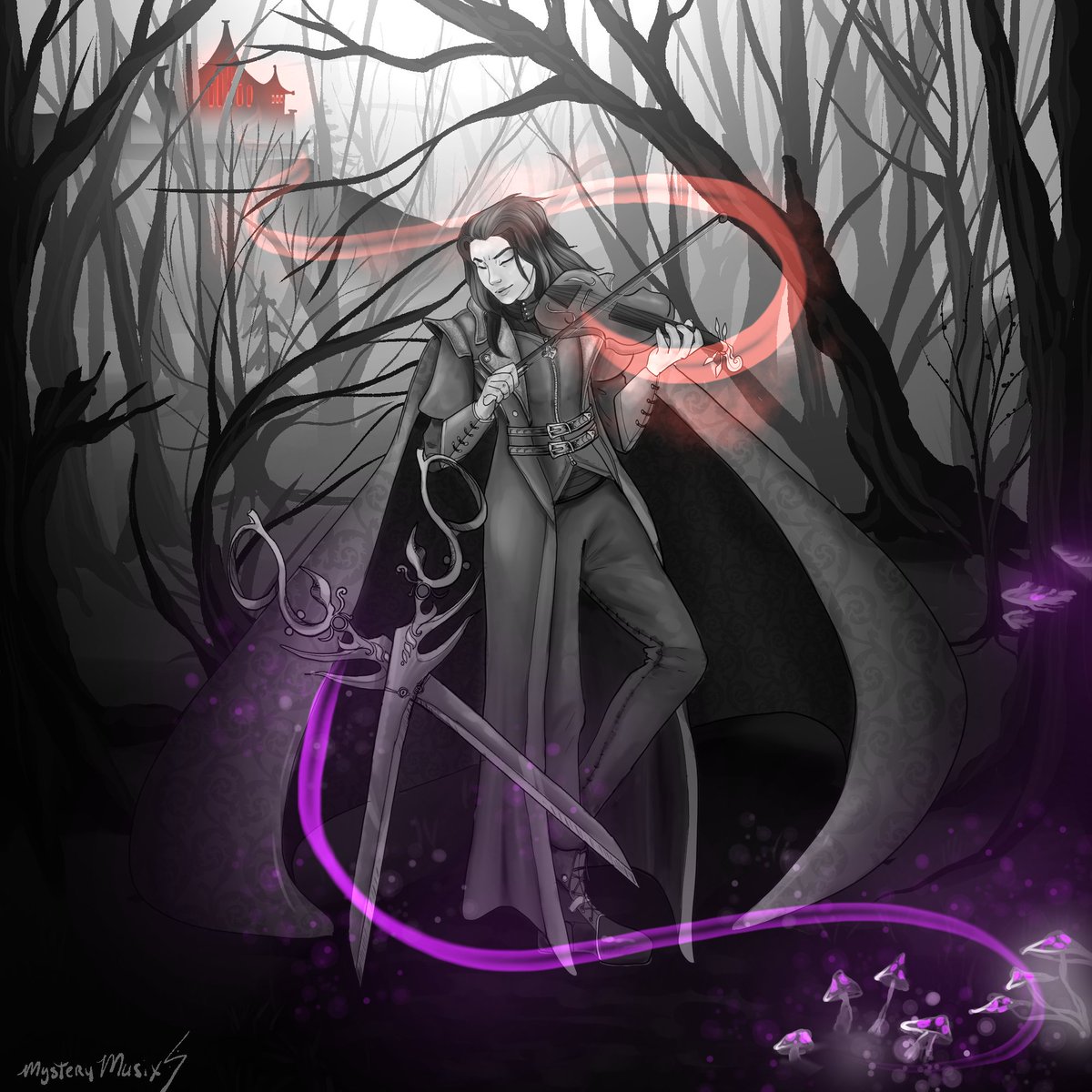 #Commission for a #curseofstrahd campaign! He's a cross between on the theory of what happens if a tricky fey and a vampire crossed paths and had a kid~

#dnd #dnd5e #dndoc #warlock #bard #bardlock #dhampir #vampire #noble #horror #fey