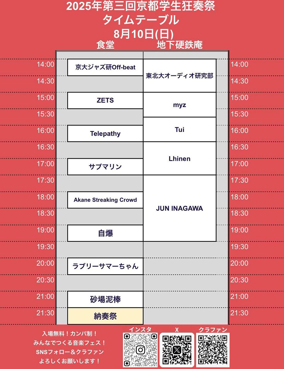 🌞本日🌞

2025.8.10 @京大熊野寮

"京都学生狂奏祭"

サブマリンの出演は食堂ステージにて17:00〜⏰

※雨天によりステージの変更アリ
幻野ステージ(野外)→食堂ステージ(屋内)
時間の変更はありません！