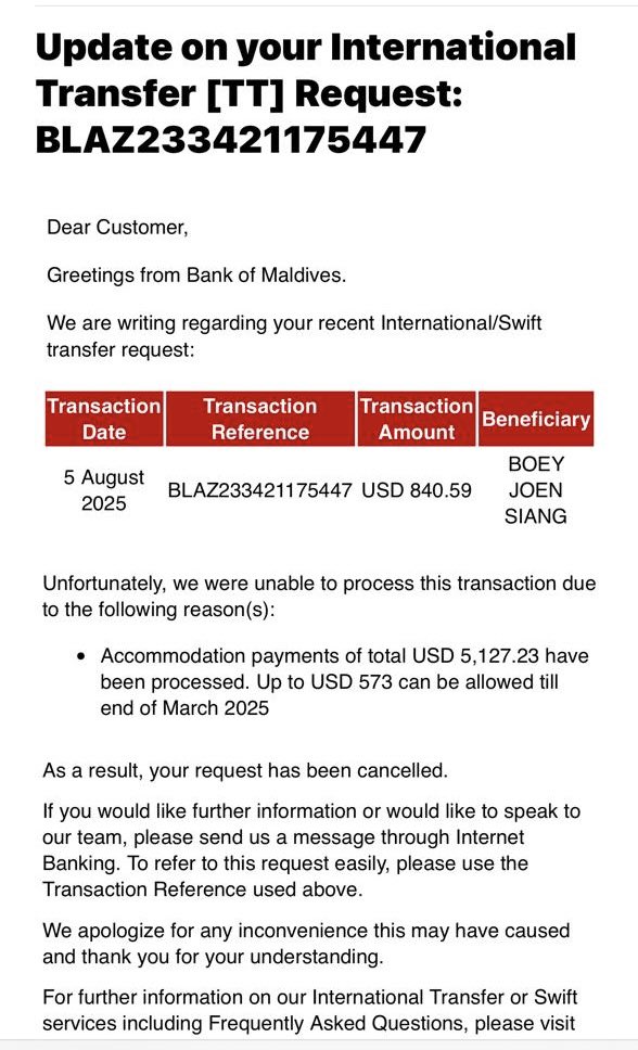 sameerkaamil's tweet photo. @bankofmaldives  އުޅެނީ ދޮގުހެދުމުގައި  ރޖ. އަށްވުރެ 1 ގިޔަރު ކުރީގައި ، ރާއްޖޭން ބޭރުގައި ކިޔަވާ ކުދިންގެ އެކަމޮޑޭޑަޝް އަށް ދައްކަމުން ދިޔަ ކުލީގެ ފައިސާ ނުފުނުވޭ ގޮތް ހަދާފި ، މީތޯ @MMuizzu ގެ ވައުދާއި އަހުދު ހިގާގޮތް ، @HKurusee @MoHEmv @Banafsaa https://t.co/Yal1zI3iAn