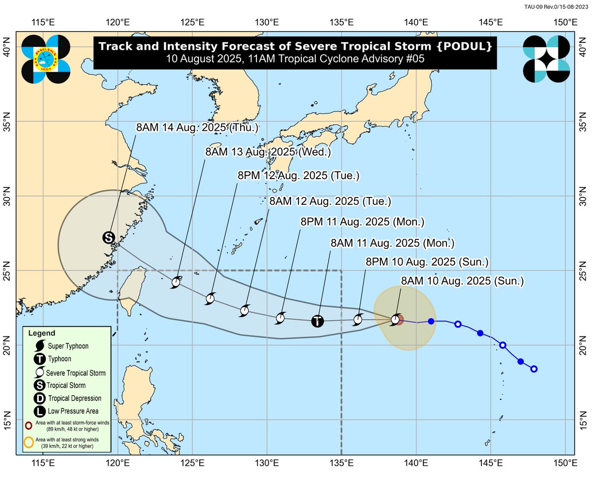 dost_pagasa's tweet image. TROPICAL CYCLONE ADVISORY NR. 5
Severe Tropical Storm PODUL
Issued at 11:00 AM, 10 August 2025
Valid for broadcast until the next bulletin at 11:00 PM today.

SEVERE TROPICAL STORM “PODUL” CONTINUES TO ACCELERATE WHILE MAINTAINING ITS STRENGTH.