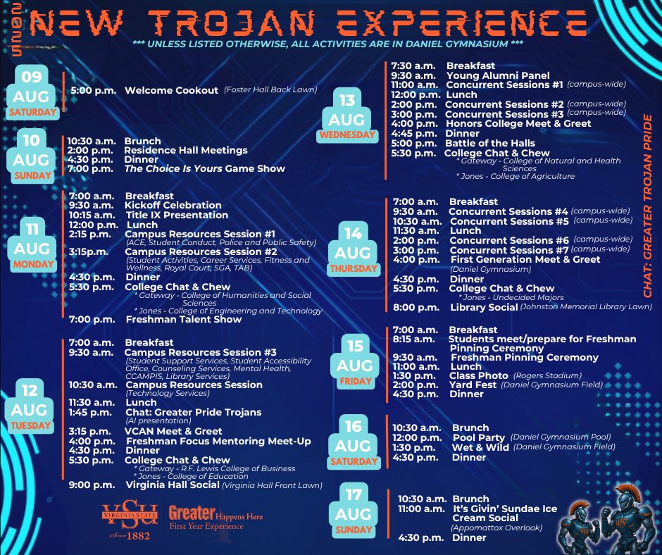 Class of 2029…you ready? 👀

The time has arrived…‼️ Get ready for a week of informative sessions 📝, exciting events 🎯, and the start of creating meaningful connection 🔐 and limitless memories 🧡💙. 

#VirginiaStateUniversity #VSU #GreaterHappensHere #VSUNTE2025 #VSU29