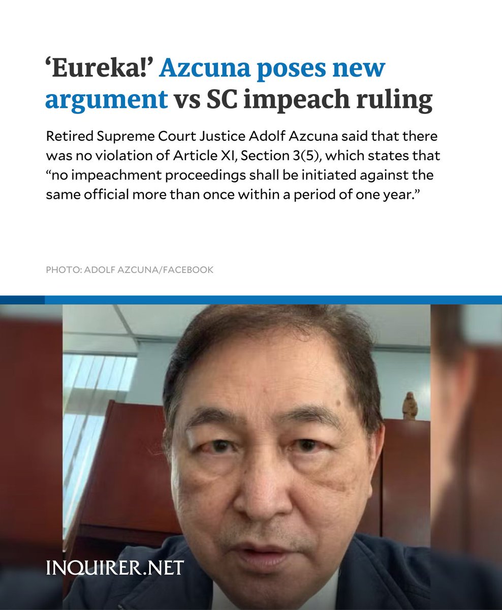 Retired Supreme Court Justice Adolf Azcuna said that a careful reading of a key provision on impeachment in the Constitution could settle the controversy over whether Vice President Sara Duterte was properly impeached or not.

“We confused once a year with ‘one a year,’” he told