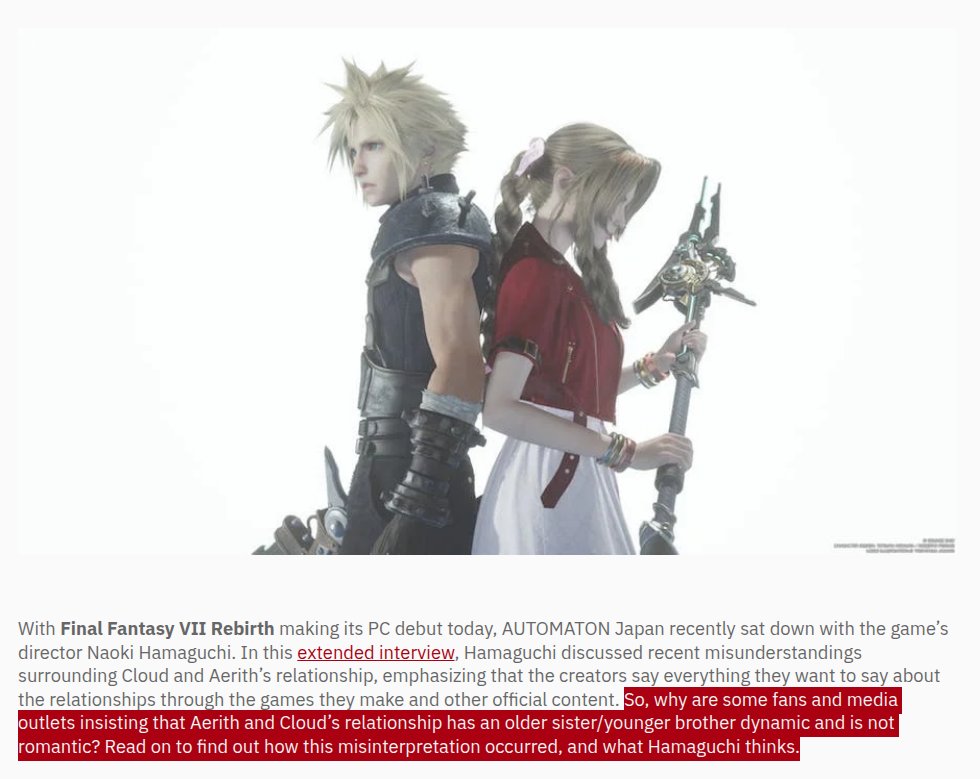 <a href="/Math51990252/">Matt.</a> <a href="/_FirstClassZack/">Zack Fair Apologist</a> <a href="/Monsterbf1Ilove/">Megane-Kun</a> ... the director of the game itself corrected this "misinterpretation" that you've fallen victim too just recently to multiple outlets including Automaton.

So are you saying Hamaguchi is wrong too?