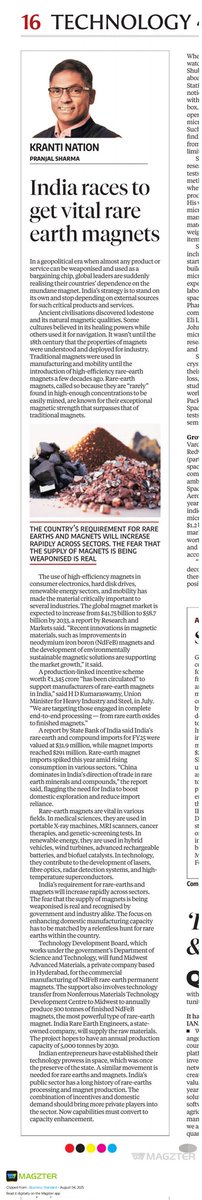 Anup Sharma B'Harry (@tweetsanup) on Twitter photo India is boosting rare earth magnet production to cut reliance on imports, meet rising demand in tech, defense, and renewables, and counter global supply risks amid geopolitical tensions. Interesting piece by <a href="/pranjalsharma/">Pranjal Sharma</a> via <a href="/bsindia/">Business Standard</a>
business-standard.com/opinion/column… India is boosting rare earth magnet production to cut reliance on imports, meet rising demand in tech, defense, and renewables, and counter global supply risks amid geopolitical tensions. Interesting piece by <a href="/pranjalsharma/">Pranjal Sharma</a> via <a href="/bsindia/">Business Standard</a>
business-standard.com/opinion/column…