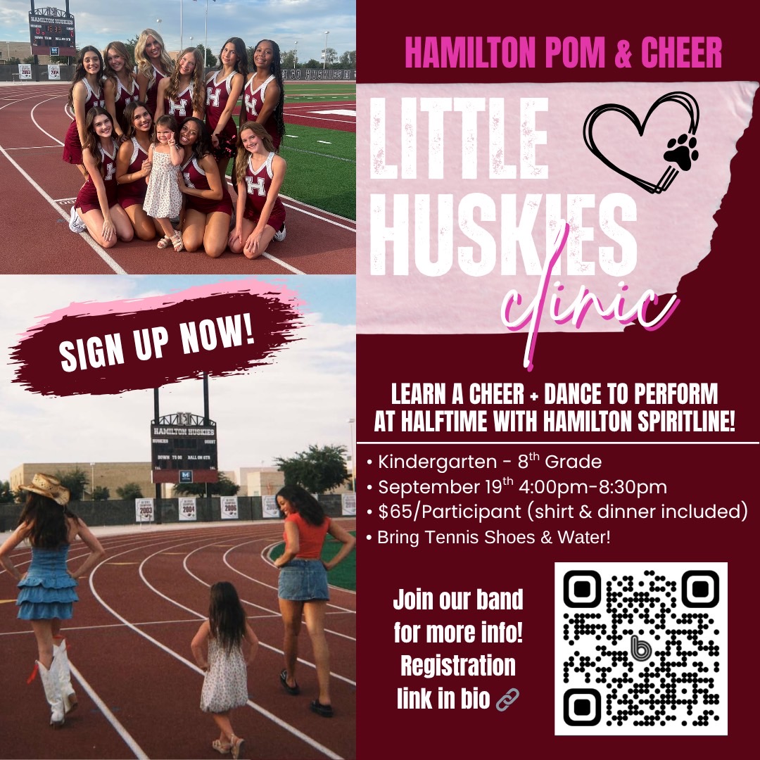 HuskiesGridiron's tweet photo. 📣🐾 Calling all future Huskies! K–8th graders, join us for the Little Huskies Cheer &amp; Pom Clinic on Friday, Sept. 19 from 4–7 PM in the Hamilton south gym. Learn cheers &amp; a dance, then perform on the sidelines and at halftime of the football game! Cost:$65 🏈❤️ https://t.co/V1WZI9Dy1F
