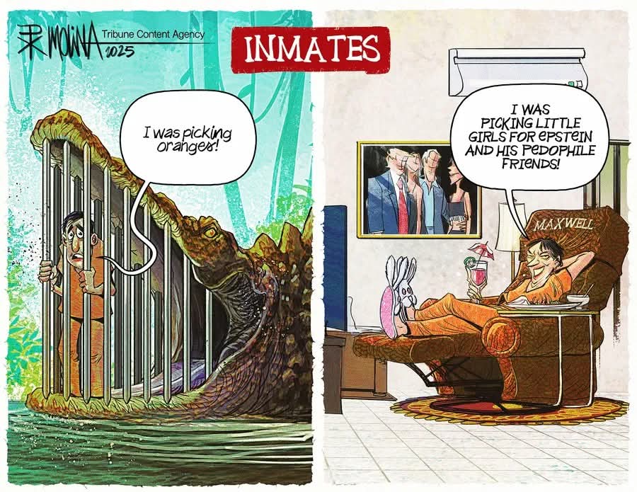 Alligator Alcatraz for farm workers and day laborers, and minimum security prison for Epstein's top groomer.

Paying attention yet?