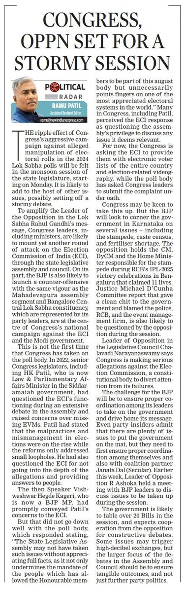 #PoliticalRadar #Karnataka 

Congress’s aggressive push over alleged voter list manipulation in the 2024 LS polls is set to dominate Karnataka’s monsoon session from Monday, with several other issues likely to spark a stormy debate, writes <a href="/ramupatil_TNIE/">Ramu Patil</a>.