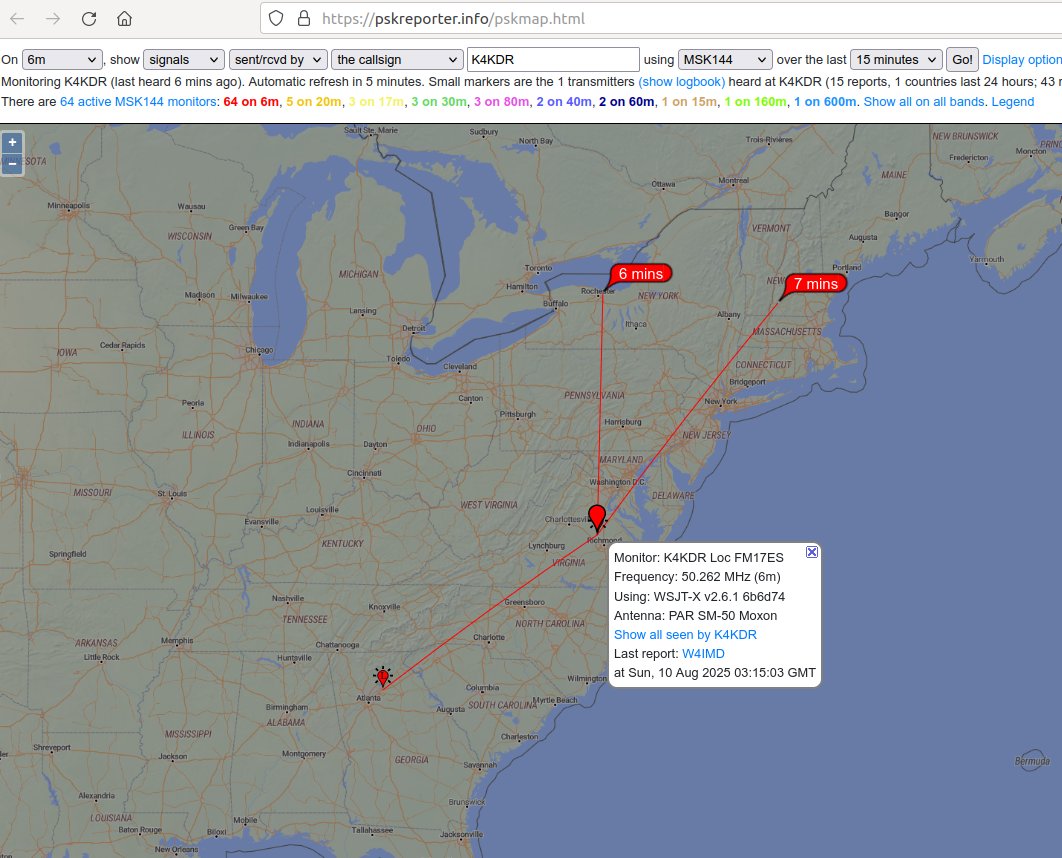 Scott Chapman (@scott23192) on Twitter photo Got to love meteors - I hear a 6-meter MSK144 station in Georgia & try to reply...  only to get a bounce up to New Hampshire & New York!     At least there are a few showing up Got to love meteors - I hear a 6-meter MSK144 station in Georgia & try to reply...  only to get a bounce up to New Hampshire & New York!     At least there are a few showing up