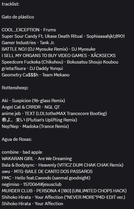 Satori no Tengoku (@satorinotengoku) on Twitter photo Here is our tracklist for <a href="/AnisonH/">ππ§π’π¬π¨π§ππ’π£πππ€ γ‘</a> Mini Edition!!
this was a team work made by <a href="/gatodeplastico1/">victor el gato</a> // Rottensheep & agua de rosas!
ZAIAN & <a href="/blazziiken/">blaziken</a> as VJ's!
please follow our Dj's on their main social networks!
(Instagram & Soundcloud!) ππΆπ₯
-------
γ€γ₯γγ»γ»γ» πβ©οΈβ¨ Here is our tracklist for <a href="/AnisonH/">ππ§π’π¬π¨π§ππ’π£πππ€ γ‘</a> Mini Edition!!
this was a team work made by <a href="/gatodeplastico1/">victor el gato</a> // Rottensheep & agua de rosas!
ZAIAN & <a href="/blazziiken/">blaziken</a> as VJ's!
please follow our Dj's on their main social networks!
(Instagram & Soundcloud!) ππΆπ₯
-------
γ€γ₯γγ»γ»γ» πβ©οΈβ¨