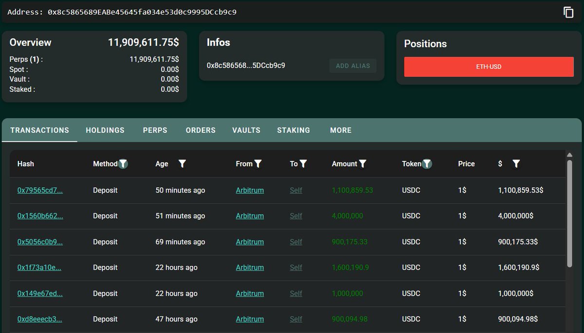 Transaction history showing multiple USDC deposits to HyperLiquid account
