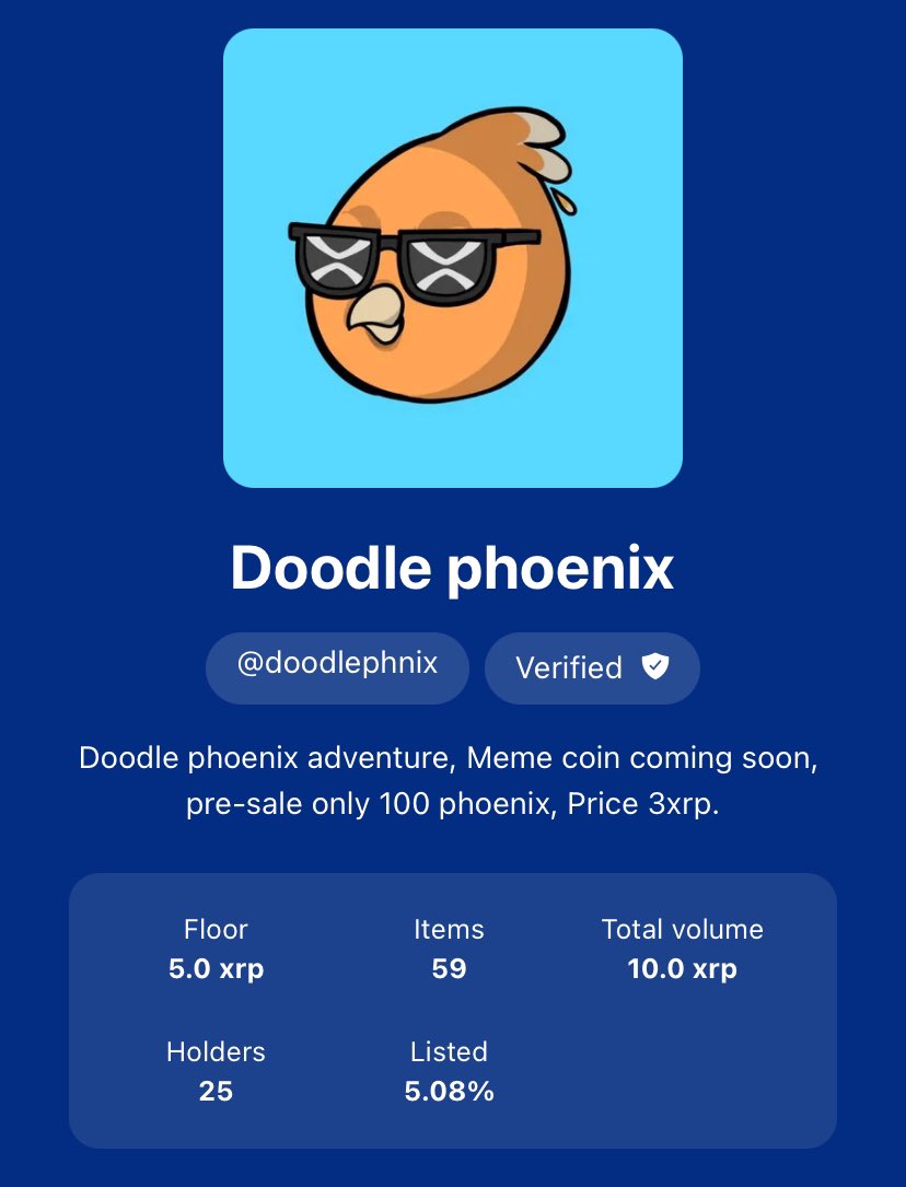 GM!🌞
🚨Collab Announcement 📢 
🐦‍🔥<a href="/doodlephnix/">DOODLE PHOENIX</a> 
🎯 Total Supply: Only 200 NFTs 🪙
💰 Whitelist Price: 2 XRP
💰 Public Price: 3 XRP
🎁 Whitelist Mint: August 12 (24 hours) – for DoodlePhoenix holders only! 🔑
🌍 Public Mint: August 13

Stay Tuned!🚀