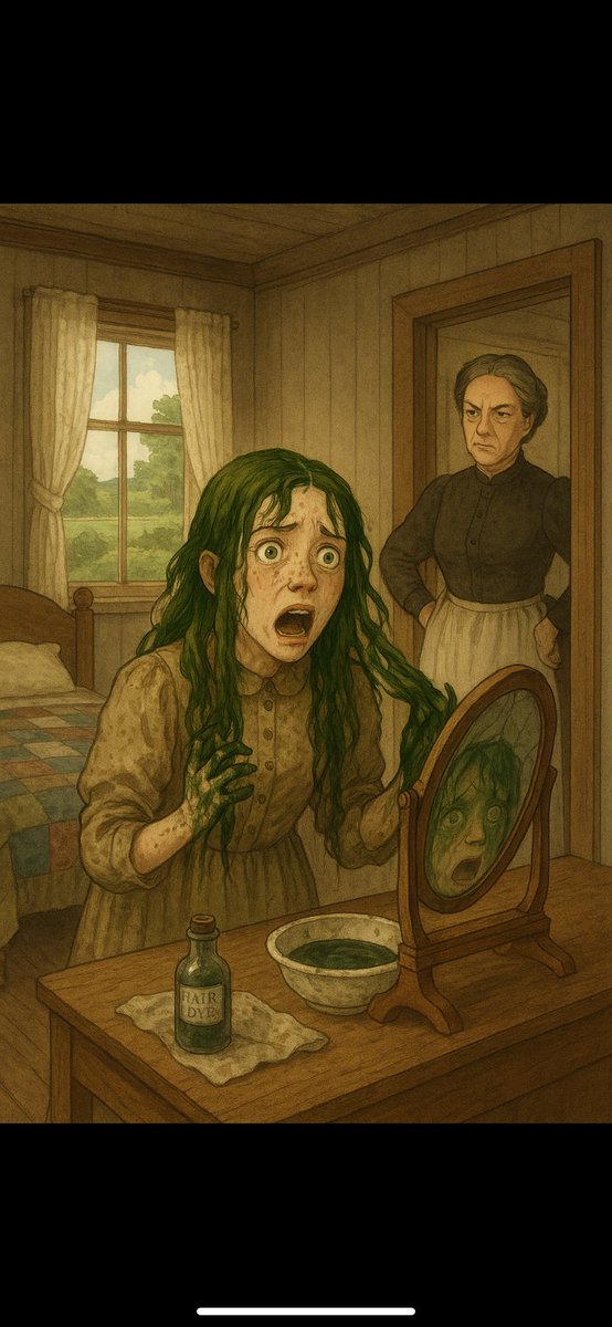 “The dye had worked—but not as she had expected. Instead of the rich raven black she had dreamed of, her hair was a hideous, streaky green. ‘Oh, Marilla, look at my hair—look at it!’ she wailed. ‘I’m a fright—I’m a perfect fright!’”Lucy Maud Montgomery's 1908 novel Anne of Green