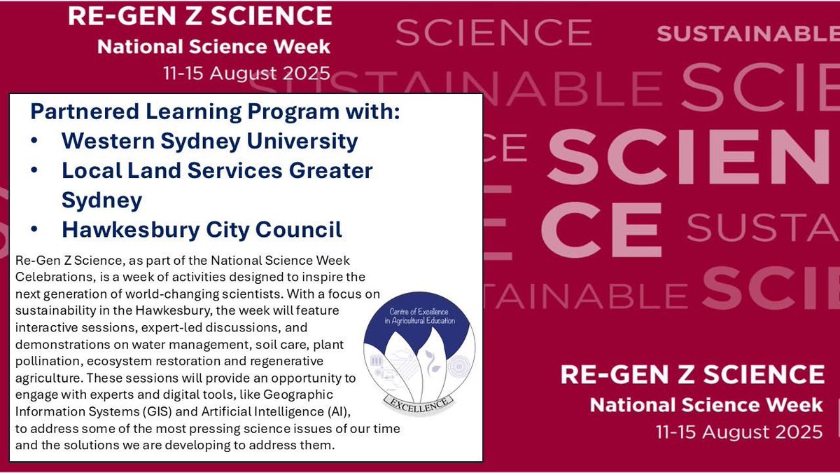 We’re excited for Science Week. This year's program is in partnership with Western Sydney Uni-HawkesburyCityCouncil and  Local Land Services. Our students leading a Masterclass with experts from our partner organisations daily. HPGE in AgSTEM. <a href="/NSWEducation/">NSW Dept of Education</a> <a href="/dizdarm/">Murat Dizdar</a> <a href="/mccallumtp/">Tim McCallum</a>