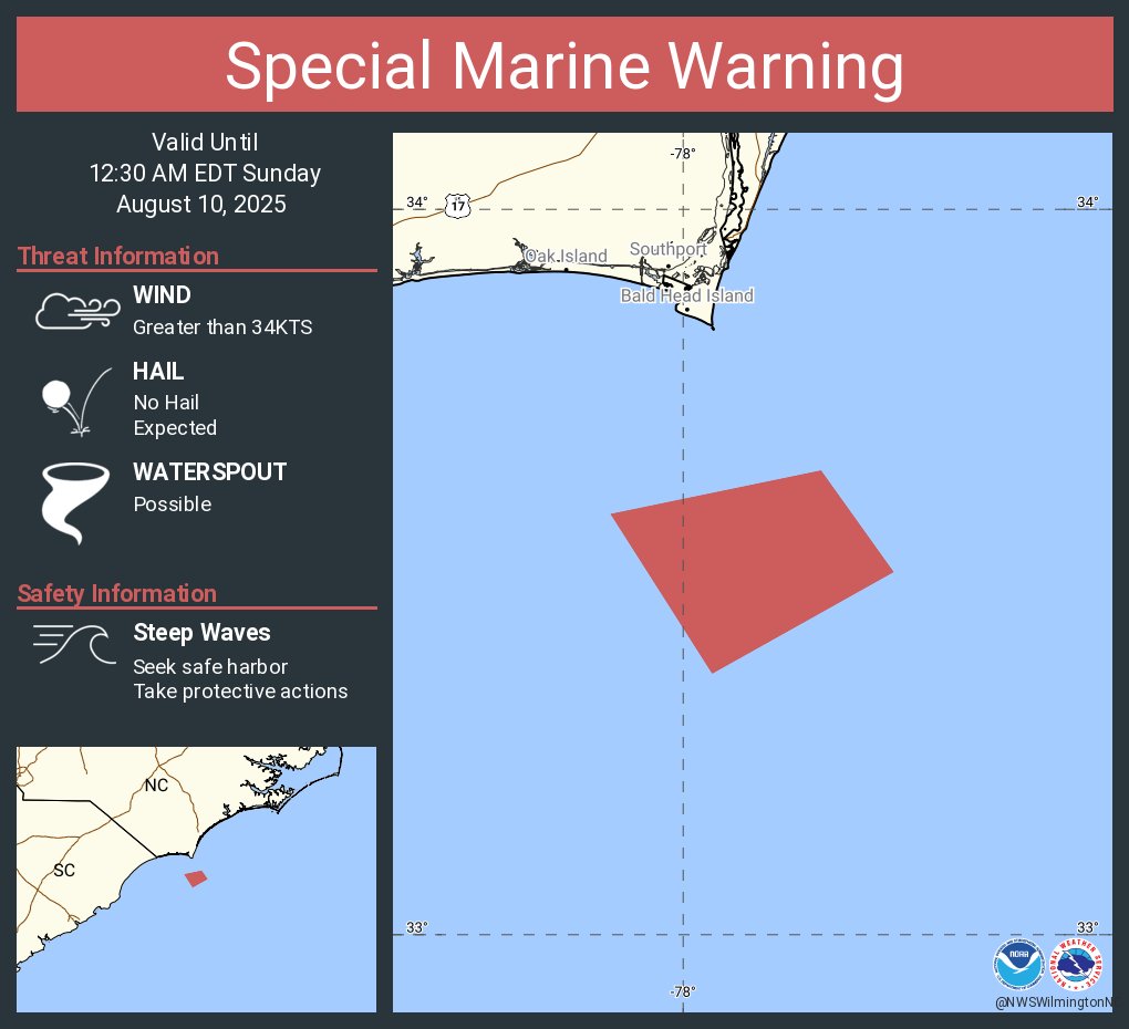 Special Marine Warning including the Coastal waters from Cape Fear NC to Little River Inlet SC out 20 nm and Waters from Cape Fear NC to Little River Inlet SC from 20 to 40 nm until 12:30 AM EDT